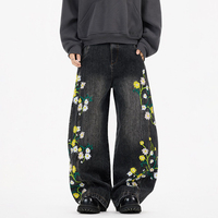 Pantalons en jean à jambe large et ample pour hommes et femmes, tendance, marque rétro, broderie de plantes et de fleurs, coupe incurvée