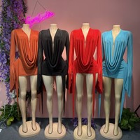 Sexy Mesh Deep V Backless Long Sleeve Solid Color Dress Mini Dress Stretch Sheath Dress Party Club Wear