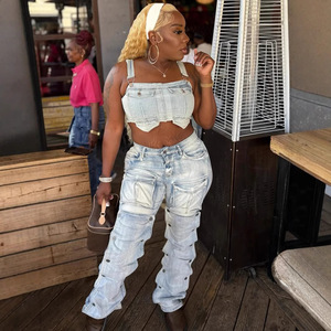 Jeans Dritti da Donna Traspiranti Multitasche con <span class=keywords><strong>Bottoni</strong></span>, Casual Estivi, Nuovi <span class=keywords><strong>Pantaloni</strong></span> Vintage alla Moda <span class=keywords><strong>Senza</strong></span> Top - Product Image 2