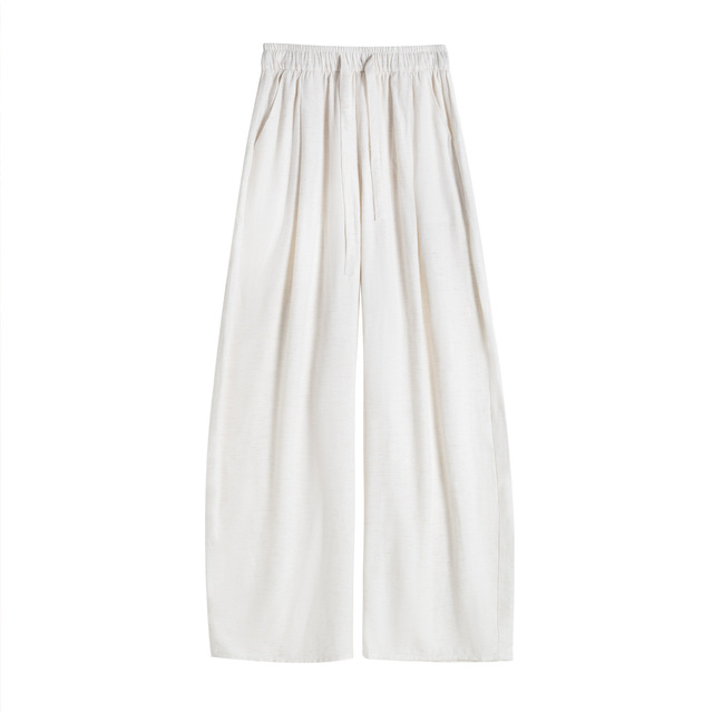Muguyu White Linen Spliced Polyester Viscose Women Summer Thin Draping Loose Fit High-Waist Casual Full-Length Wide-Leg Trousers