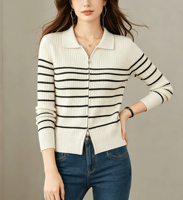 Cardigan en tricot à col polo rayé pour femme, veste en maille côtelée à manches longues et coupe ajustée pour un usage quotidien