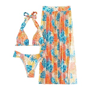 Costume da bagno con stampa a foglia t-up top Shorts Modulare coprente da <span class=keywords><strong>spiaggia</strong></span> Set da donna 3 pezzi costume da bagno - Product Image 4