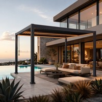 Pergola en aluminium à commande manuelle avec bandes lumineuses LED décoratives, résistante aux intempéries, pavillon de luxe pour terrasse au bord de la piscine