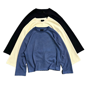 T-shirt en tricot à manches longues surdimensionné pour homme, col rond, couleur unie, vêtement décontracté, coupe régulière, respirant, 100% coton - Product Image 1