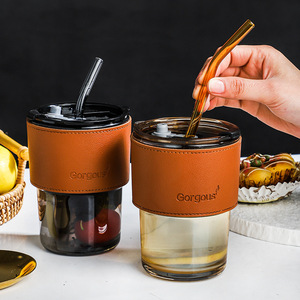 Gorgous Glass Tumbler With Leather Sleeve <b>Reusable</b> <b>Cup</b> For Coffee And Juice - Product Image 2