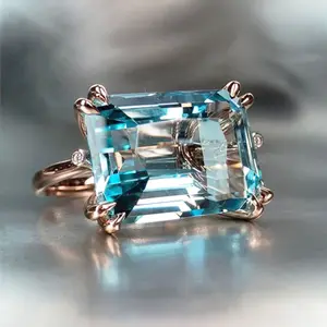 CAOSHI แหวนแต่งงานชุบทองกุหลาบหรูหราสำหรับผู้หญิง,แหวนหมั้นขนาดใหญ่เครื่องประดับผู้หญิงแหวนหินสีฟ้าทะเลขนาดใหญ่