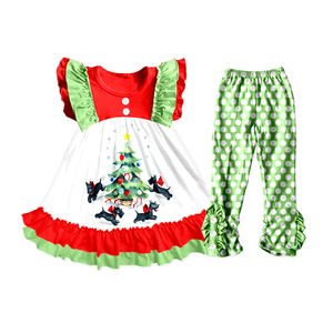 Milk Silk Girls 2 Piece Outfit, Flutter/Long Sleeve Ruffle <b>Dress</b> with Ruffle Pants, Toddler Holiday Printed Set - Product Image 4