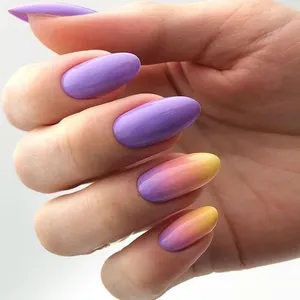 Набор для маникюра, накладные ногти с эффектом омбре, миндальные накладные ногти с фиолетовым градиентом, накладные ногти бесплатно, полное покрытие, частная марка, искусственные ногти