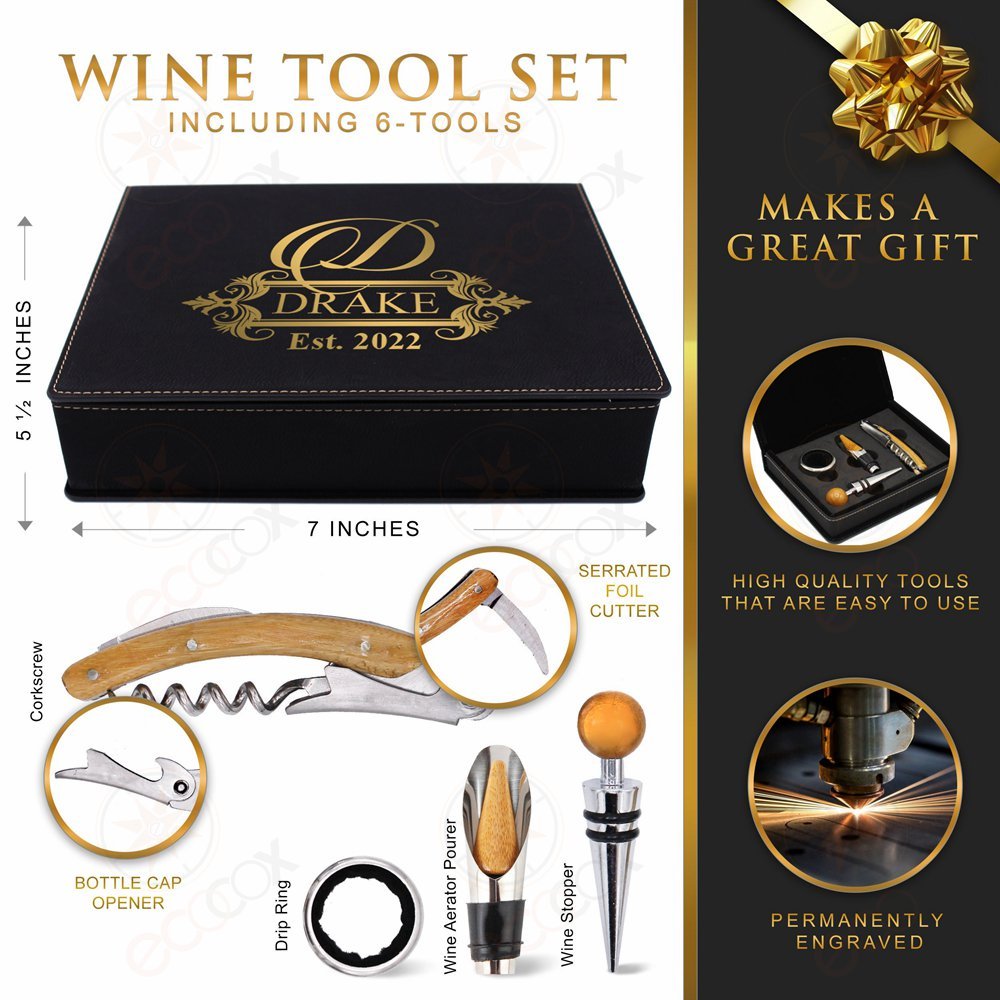 Personalized Wine Tool Set Gift 4 Pcs for Couple Wine Case with Opener Pourer Set Handy Size Wine Accessories Set Groomsmen Gift · image 2