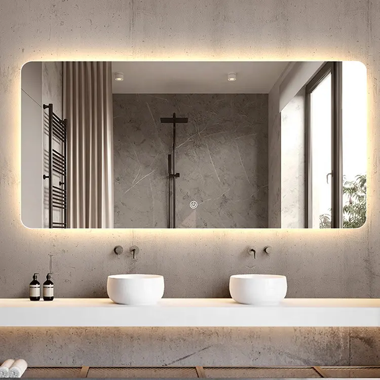 Espelho retangular com iluminação de hotel inteligente, espelho antiembaçante de parede para banheiro, com música, espelho de banho inteligente de fábrica por atacado