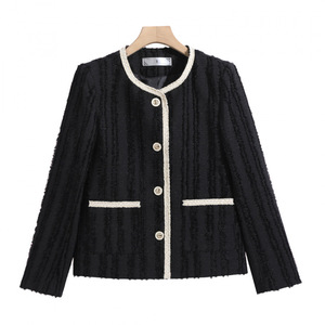 Women's Beige Tweed Blazer Long Sleeve Solid Color Stripes And Checks Woven Fabric Spring Autumn Wear - Product Image 5