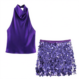 GX1435 Mode Zomer Sexy Kleding Boetiek Streetwear Dames Halter Satijnen Tops en Pailletten Minirok 2-delig Set - Product Image 5