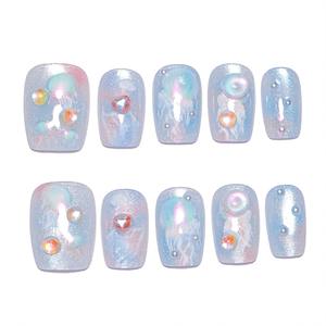 10 Pcs/set Ocean Blue Gradient Cat Eye Bubble Bead <b>Acrylic</b> Pre-designed <b>Glue</b> Almond Shape Nail Art Tips Press Nails Artificial - Product Image 5