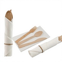 Ensemble de vaisselle jetable écologique et biodégradable en bambou (couteaux, fourchettes, cuillères) et serviettes en papier, pré-roulé, pour mariage et fête