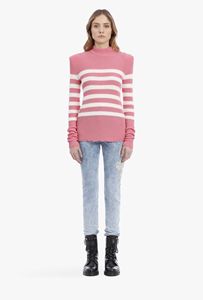 Bottoni dorati personalizzati da <span class=keywords><strong>donna</strong></span> decorati con maglione lavorato a <span class=keywords><strong>maglia</strong></span> a righe bianche e rosa - Product Image 6