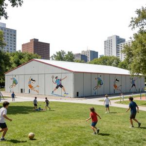 Structure en acier, panneaux sandwich isolés pour toiture de centre sportif et stade, construction rapide, grande hauteur, durée de vie de 50 ans - Product Image 1