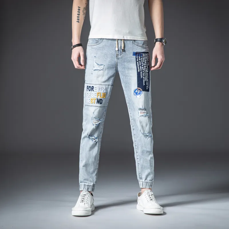 Celana Jeans Denim Pria, Celana Jin Denim Sobek Jalanan Rusak Gaya Biru Super Ketat, Modis Kualitas Tinggi