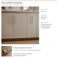 Meuble de cuisine moderne en chêne blanc avec portes à battants, aménagement en îlot, dimensions personnalisées, boîtes en panneaux mélaminés et rangement coulissant