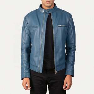 Blouson de motard Gatsby bleu aniline à fermeture éclair pour hommes cuir de mouton véritable avec tissu matelassé pour l'hiver XL - Product Image 1