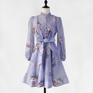 Vestidos de moda para mujer con cuello alto, estampado vintage, manga larga gruesa y manga farol con lazo - Product Image 4