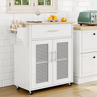 Chariot îlot central de cuisine en bois sur roues armoire de cuisine roulante avec porte en rotin, porte-serviettes, porte-épices et tiroir, blanc
