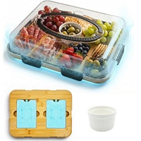 Plateau à charcuterie en bambou avec couvercle, 2 blocs de glace, coupelles à sauce et poignée – Plateau de service portable pour fromages et fruits, idéal pour pique-niques et fêtes