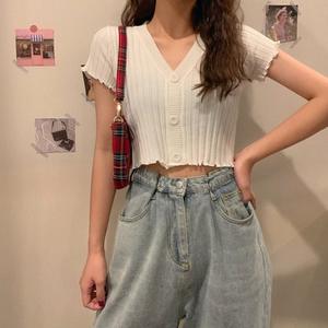 เสื้อยืดถักแขนสั้นคอวีสำหรับผู้หญิงใส่ฤดูร้อนทรงสลิมฟิตสไตล์เกาหลี - Product Image 5