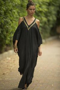 Attractive Black Gold <b>Kaftan</b> Hippie Oversize Embroidered Casual Floor-Length V-neck Open Back Boho Dress Solid Eco-Friendly <b>Plus</b> - Product Image 4
