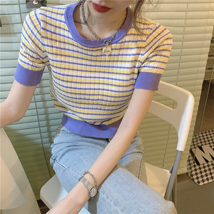 T-shirt <span class=keywords><strong>a</strong></span> Quadri Estiva da Donna con Maniche Corte, Design Coreano, Moda Femminile Slim Fit con Collo Tondo - Product Image 3
