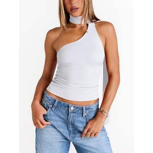 2025 Top corto de moda para mujer tamaño Queen lindo un hombro Halter Skinny Fit Sexy Tie camisas para salidas de verano patrón decorado - Product Image 5