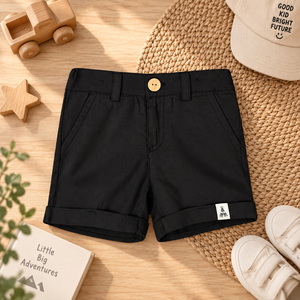 Shorts en coton noir pour filles, taille haute, fermeture à boutons, couleur unie, poches latérales, bas de tenue décontractée d'été, 1Y-14Y - Product Image 1