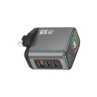 Chargeur mural PD 65W avec prise UK, charge rapide GaN, 2 ports Type-C, 1 port USB-A, avec écran numérique intelligent TFT, adaptateur pour téléphone, ordinateur portable, tablette