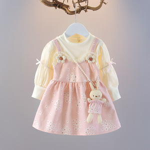 Abbigliamento per Bambine, <span class=keywords><strong>Vestito</strong></span> Primaverile e Autunnale 2025, Gonna Floreale Finta a 2 Pezzi con Coniglietto - Product Image 3