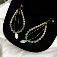 Gelang Mutiara Air Tawar Gaya Cina Baru 5-6mm Liontin Kuncup Bunga Giok Alami Rantai Ganda yang Dapat Disesuaikan Perhiasan