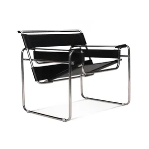 Стул с хромированным каркасом, Современные фирменные стулья Bauhaus, гладкое и прочное кожаное кресло с ремешком