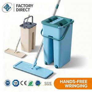 Mopa Plana Giratoria 360° con Sistema de Escurrido Mágico, Palo de Plástico y Acero, para Limpieza Doméstica en Seco y Húmedo, con Microfibra, Antiderrames y Sin Salpicaduras, con Cubo - Product Image 1