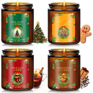 Ensemble cadeau de 4 bougies parfumées de Noël avec logo personnalisé, pot en verre ambré de 7 oz, cire de soja, parfum d'hiver, décoration de la maison - Product Image 1