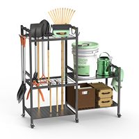 Étagère de rangement d'outils de jardin en métal à 2 niveaux avec 6 crochets pour extérieur, chariot organisateur d'outils de jardin, support de rangement d'outils