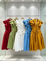 Robe blazer sans manches à volants pour femme, avec boutons floraux 3D, ceinture intégrée, longueur midi, élégante pour le bureau ou les soirées, coupe ample pour femmes