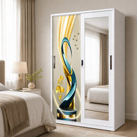 Armoire de rangement pour vêtements peu encombrante avec miroir, panneau imprimé, tringle de suspension, étagères, verrouillable, en acier, avec portes coulissantes pour chambre à coucher