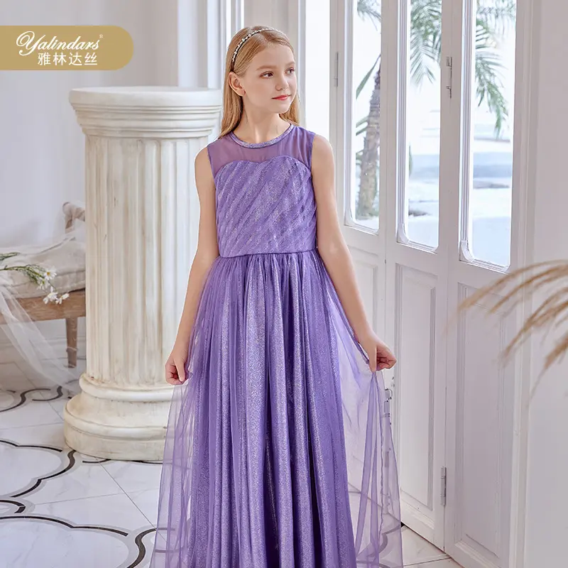Yilindars − robe de bal pour enfants, tenue longue de princesse, pour fillettes de 7e à 9 ans, design à paillettes, une pièce