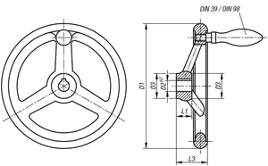 Volante de hierro fundido gris K0671 con orificio reamado y ranura, equipado con mango de acero para control manual industrial - Product Image 2