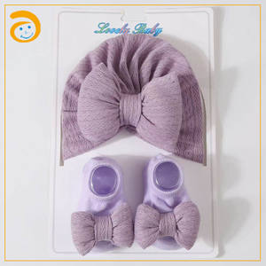 Algodón acanalado bebé sombrero calcetines conjunto bebé grandes lazos de pelo <span class=keywords><strong>turbante</strong></span> 0-12 meses recién nacido Beanie Calcetines - Product Image 5