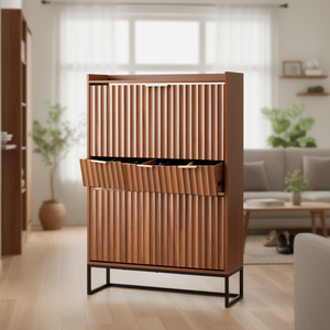 ตู้เก็บรองเท้าไม้วอลนัทสไตล์มิดเซ็นจูรี่ 2 ลิ้นชักแบบพลิกพร้อมอุปกรณ์ป้องกันการล้ม ดีไซน์ลายร่อง สำหรับห้องนั่งเล่น ห้องนอน โถงทางเข้า - Product Image 2