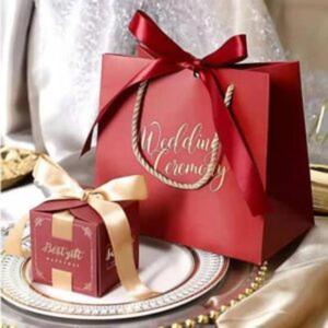 Luxury <b>Red</b> Wedding Gift Bag With Gold Stamp Printing Cotton Rope Handle And <b>Ribbon</b> For Ceremony Packaging - Product Image 3