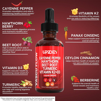 Gouttes liquides de supplément de poivre de Cayenne de marque privée avec baie d'aubépine, poudre de racine de betterave en vitamine D3 K2, cannelle de Ceylan