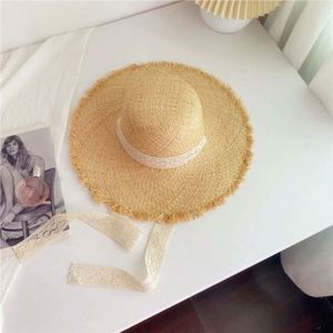 Raffia Straw <b>Hat</b> Large Brim Woven Sun <b>Hat</b> Summer <b>Flat</b> Top Flutter Tie Seaside Vacation Sun <b>Hat</b> - Product Image 5