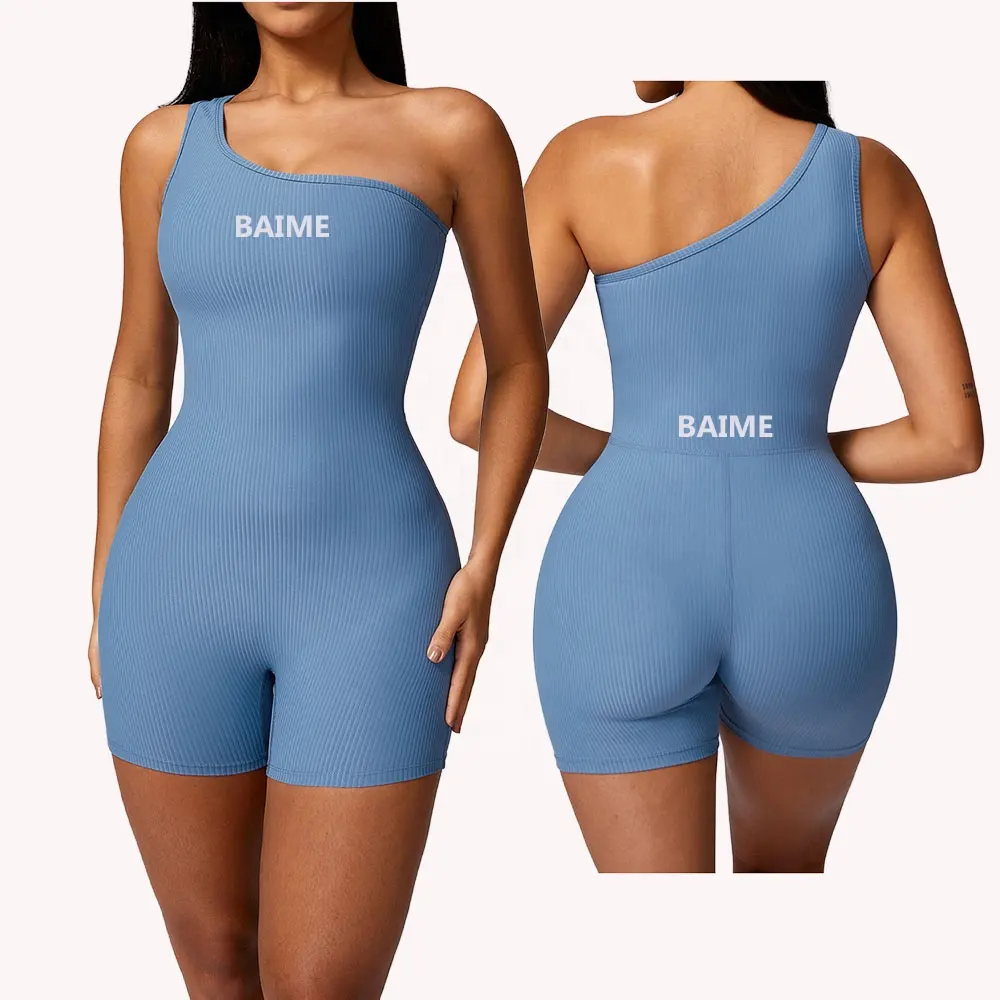 Abbigliamento donna con Logo personalizzato monospalla tute traspiranti tuta sportiva Yoga per ragazze tinta unita a coste corte da donna