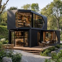 Maison mobile modulaire à ossature en acier avec terrasse et façade ouverte, design inspiré des conteneurs