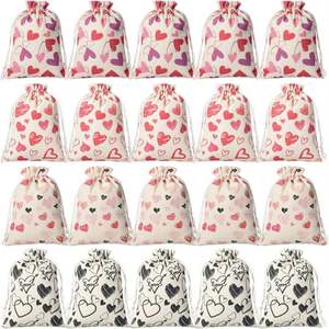 Pochette en coton à cordon de serrage imprimé cœur 13*18cm, sacs d'emballage cadeau polyvalents pour mariages, baby showers, fêtes nuptiales, artisanat - Product Image 2